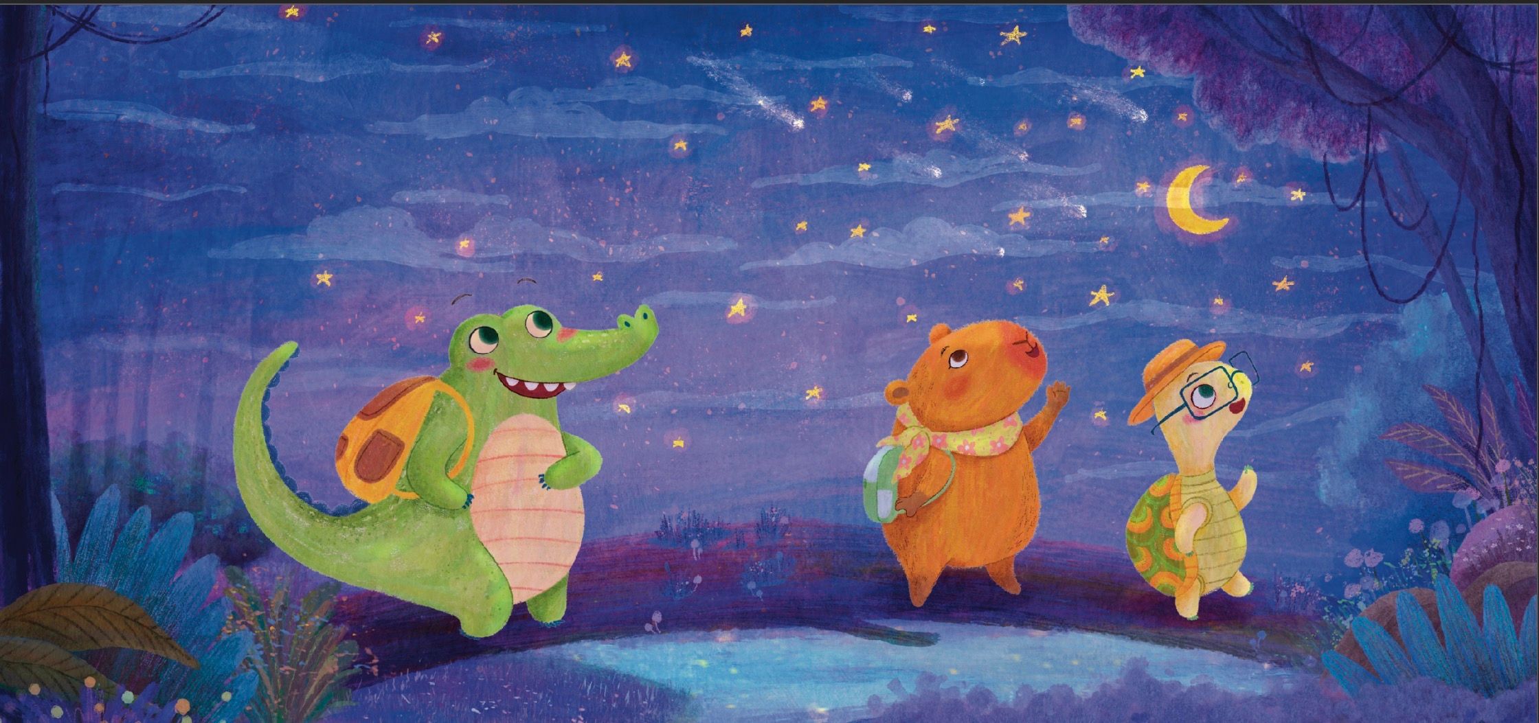 Crosby, Carla and Tank gazing up at a starry night sky, an illustration from Crosby's Cosmic Adventure